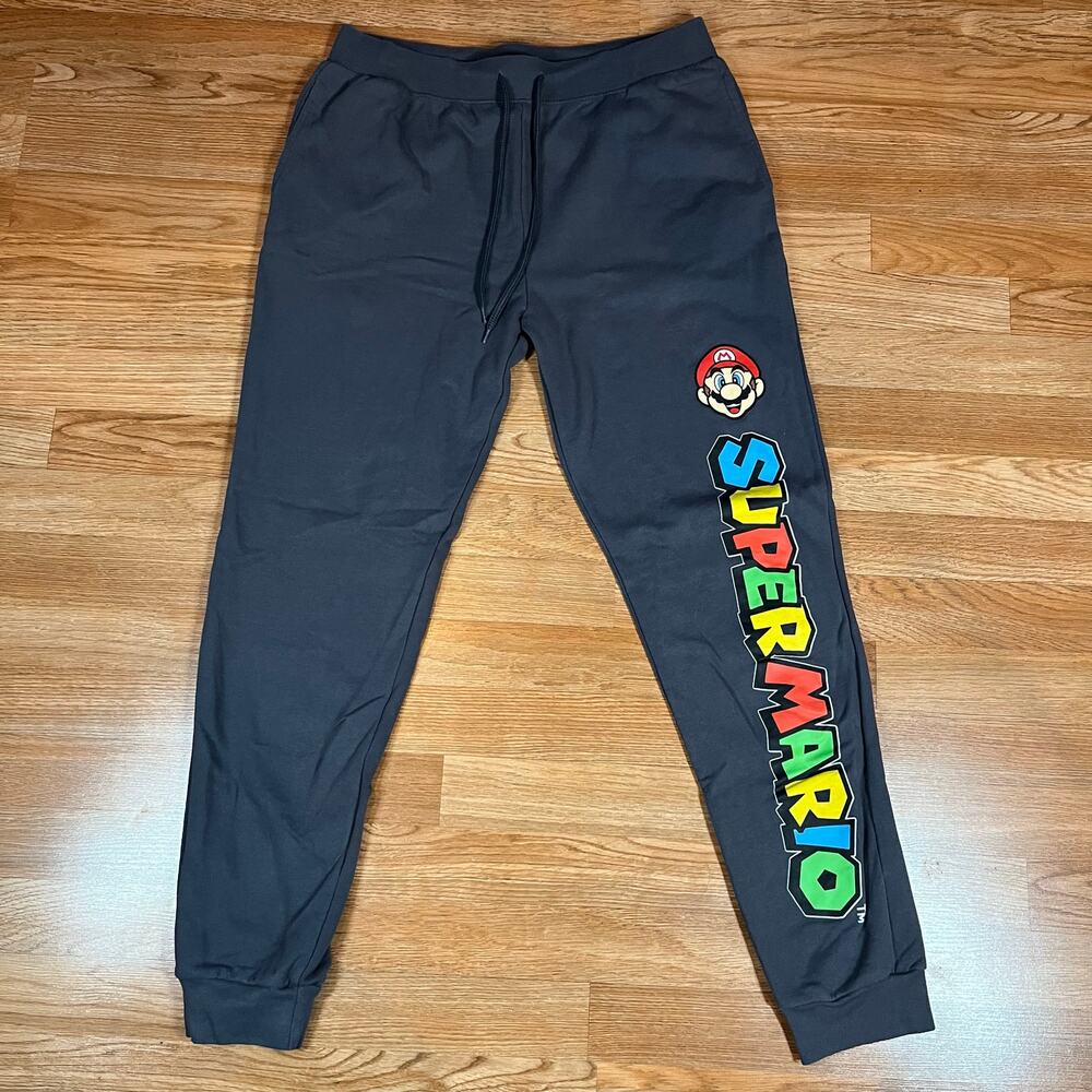 Super Mario Jogger Pants Mens L Gray Fleece Nintendo Logo Print Pockets